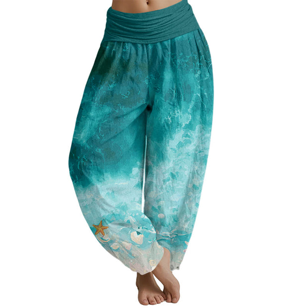 Buddha Stones Vast Ocean Pattern Women's Elastic Waist Harem Pants