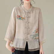 Buddha Stones Embroidery Frog-button Design Three Quarter Sleeve Women's Shirt Women's Shirts BS Beige US8-10，UK/AU12-14，EU40-42 (2XL)