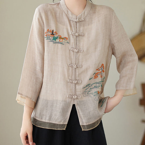 Buddha Stones Embroidery Frog-button Design Three Quarter Sleeve Women's Shirt