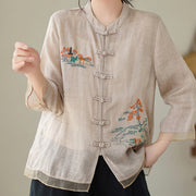 Buddha Stones Embroidery Frog-button Design Three Quarter Sleeve Women's Shirt Women's Shirts BS 13