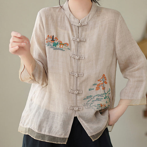 Buddha Stones Embroidery Frog-button Design Three Quarter Sleeve Women's Shirt Women's Shirts BS 13