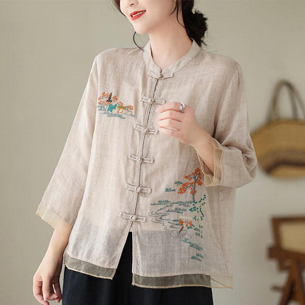 Buddha Stones Embroidery Frog-button Design Three Quarter Sleeve Women's Shirt Women's Shirts BS 12