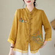 Buddha Stones Embroidery Frog-button Design Three Quarter Sleeve Women's Shirt Women's Shirts BS Yellow US8-10，UK/AU12-14，EU40-42 (2XL)