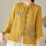 Buddha Stones Embroidery Frog-button Design Three Quarter Sleeve Women's Shirt