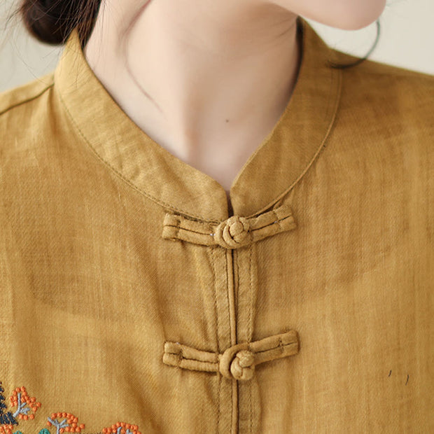 Buddha Stones Embroidery Frog-button Design Three Quarter Sleeve Women's Shirt Women's Shirts BS 6