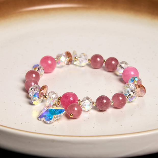 Buddha Stones Strawberry Quartz White Crystal Pink Crystal Butterfly Love Bracelet