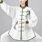 Buddha Stones 2Pcs Fall Green Bamboo Leaves Embroidery Frog-Button Tai Chi Meditation Qigong Zen Practice Unisex Cotton Clothing Set