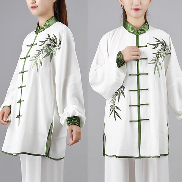 Buddha Stones 2Pcs Fall Green Bamboo Leaves Embroidery Frog-Button Tai Chi Meditation Qigong Zen Practice Unisex Cotton Clothing Set