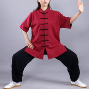 Buddha Stones 2Pcs Fall Winter Frog-Button Tai Chi Meditation Qigong Zen Practice Unisex Cotton Linen Clothing Set Unisex Meditation Cloth BS Short Sleeve Wine Red 3XL-FIT FOR US/UK/AU/EU-XL