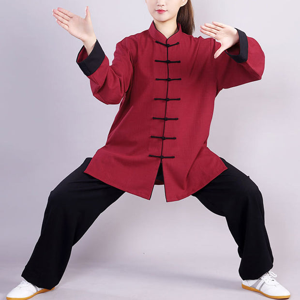 Buddha Stones 2Pcs Fall Winter Frog-Button Tai Chi Meditation Qigong Zen Practice Unisex Cotton Linen Clothing Set (Extra 30% Off | USE CODE: FS30) - Maroon Red(Fleece Lined) - 3XL-FIT FOR US/UK/AU/EU-XL - image 0