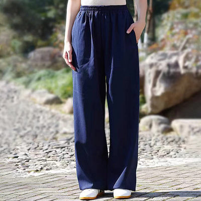 Buddha Stones Fall Winter Unisex Elastic Waist Tai Chi Qigong Practice Cotton Linen Fleece Lined Pants With Pockets Unisex Pants BS SteelBlue 3XL-FIT FOR US/UK/AU/EU-XL