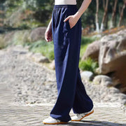 Buddha Stones Fall Winter Unisex Elastic Waist Tai Chi Qigong Practice Cotton Linen Fleece Lined Pants With Pockets