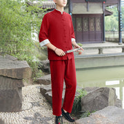 Buddha Stones 2Pcs Fall Men's Tang Suit Frog-Button Cotton Three Quarter Sleeve Shirt Pants Set Men's Meditation Cloth BS Crimson US/UK/AU48，EU58 (6XL)