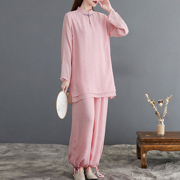 Buddha Stones 2Pcs Solid Women's Long Sleeve Shirt Pants Meditation Clothing Set Women's Meditation Cloth BS Pink US8-10，UK/AU12-14，EU40-42 (2XL)