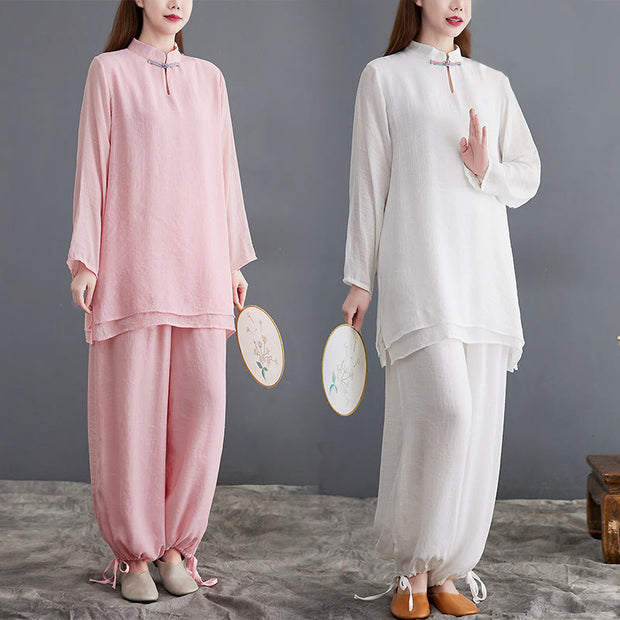 Buddha Stones 2Pcs Solid Women's Long Sleeve Shirt Pants Meditation Clothing Set Women's Meditation Cloth BS main