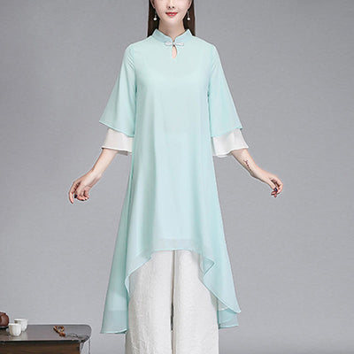 Buddha Stones Solid Women's Three Quarter Sleeve Chiffon Irregular Shirt Dress Wide Leg Pants Meditation Clothing