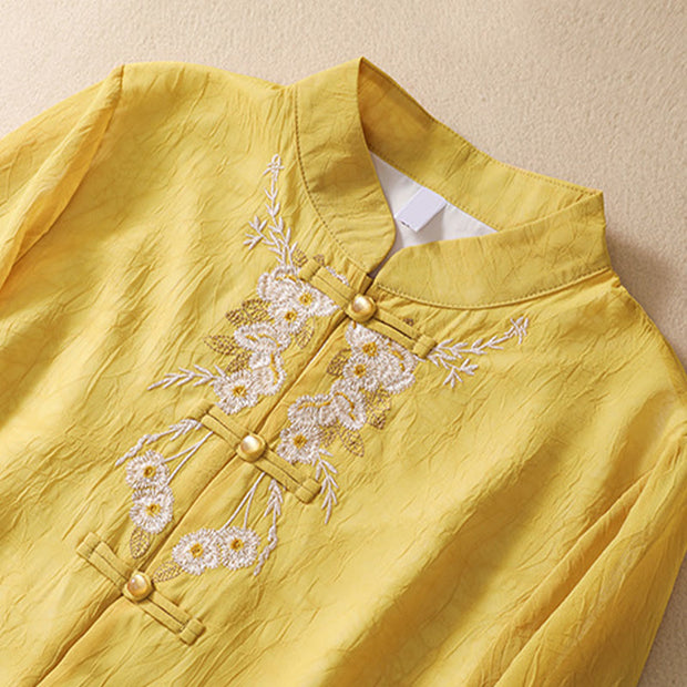 Buddha Stones Women's Flower Embroidery Frog-Button Shirt Dress Wide Leg Pants Women's Meditation Cloth BS Yellow Shirt US8-10，UK/AU12-14，EU40-42 (2XL)