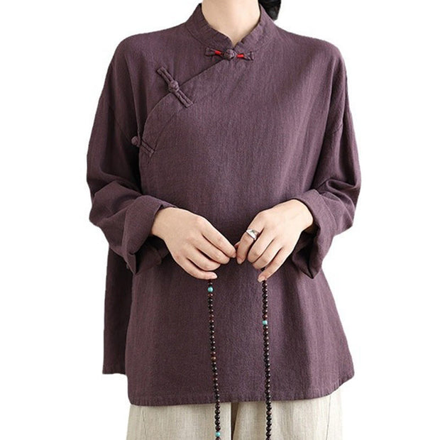 Buddha Stones Solid Color Frog-Button Long Sleeve Women's Shirt Women's Shirts BS 16