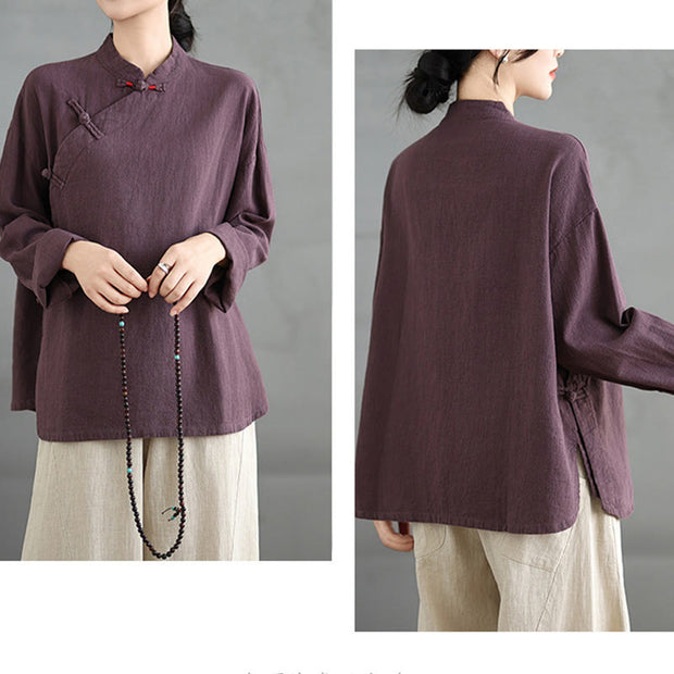 Buddha Stones Solid Color Frog-Button Long Sleeve Women's Shirt Women's Shirts BS 15