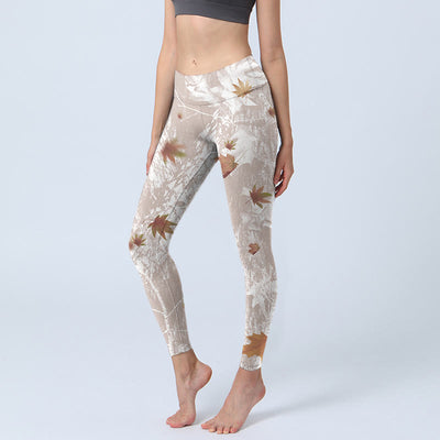 Buddha Stones Maple Leaves Branches Print Gym Leggings Women's Yoga Pants - Wheat - US18，UK/AU22，EU50 (4XL) - image 1