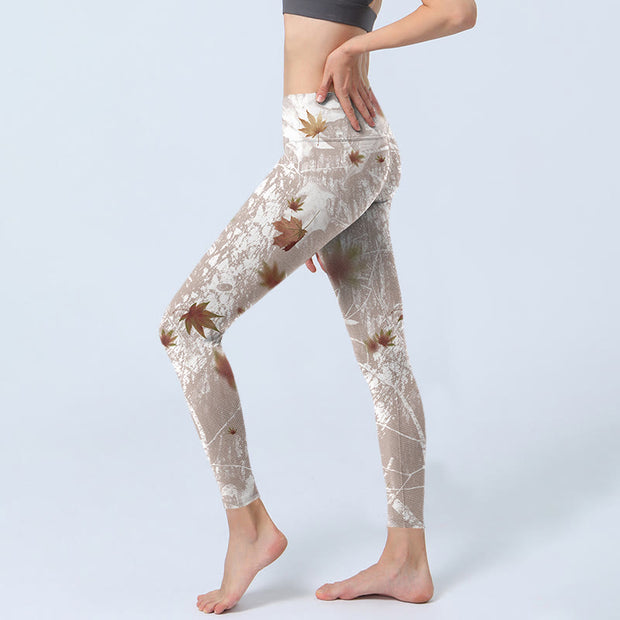 Buddha Stones Maple Leaves Branches Print Gym Leggings Women's Yoga Pants