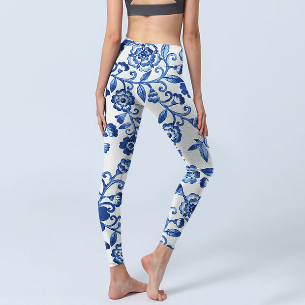 Buddha Stones Blue Flowers Leaves Branches Print Gym Leggings Women's Yoga Pants - image 5