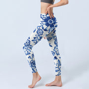 Buddha Stones Blue Flowers Leaves Branches Print Gym Leggings Women's Yoga Pants