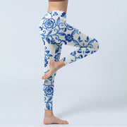 Buddha Stones Blue Flowers Leaves Branches Print Gym Leggings Women's Yoga Pants