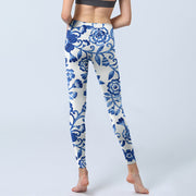 Buddha Stones Blue Flowers Leaves Branches Print Gym Leggings Women's Yoga Pants