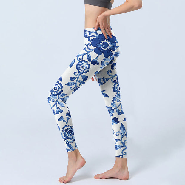 Buddha Stones Blue Flowers Leaves Branches Print Gym Leggings Women's Yoga Pants - image 3