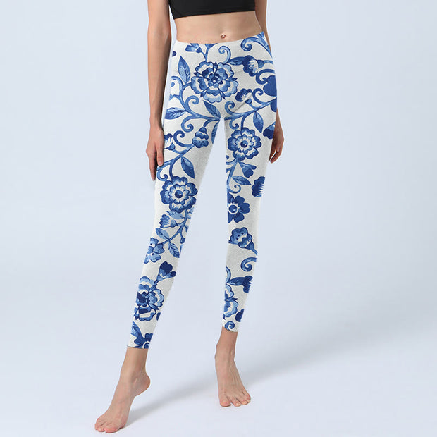 Buddha Stones Blue Flowers Leaves Branches Print Gym Leggings Women's Yoga Pants - image 6