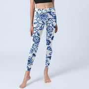 Buddha Stones Blue Flowers Leaves Branches Print Gym Leggings Women's Yoga Pants