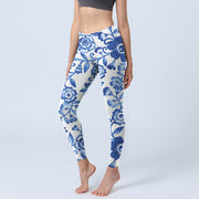 Buddha Stones Blue Flowers Leaves Branches Print Gym Leggings Women's Yoga Pants - White - US18，UK/AU22，EU50 (4XL) - image 1