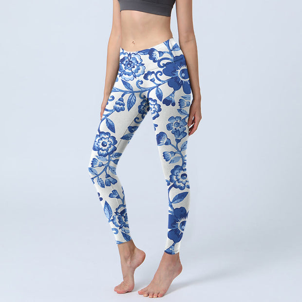 Buddha Stones Blue Flowers Leaves Branches Print Gym Leggings Women's Yoga Pants - White - US18，UK/AU22，EU50 (4XL) - image 1