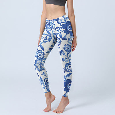 Buddha Stones Blue Flowers Leaves Branches Print Gym Leggings Women's Yoga Pants