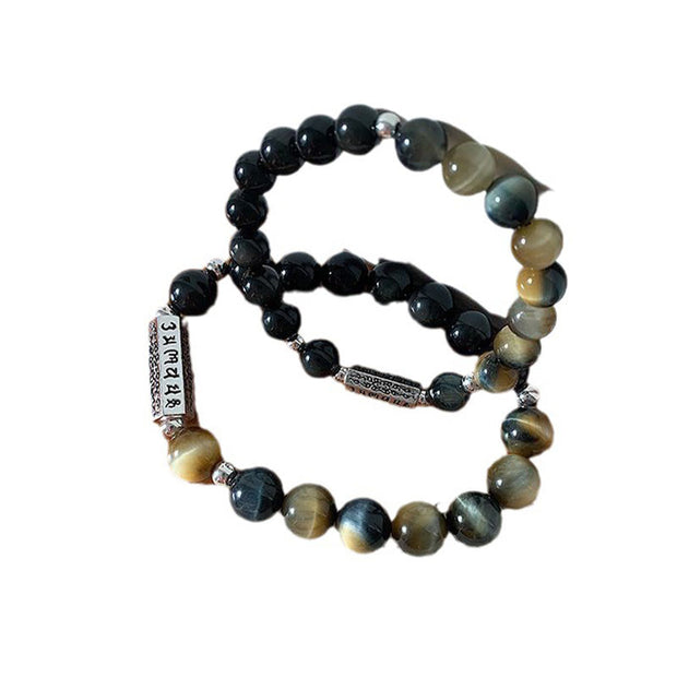 Buddha Stones Natural Black Obsidian Tiger's Eye Six True Words 'om Mani Padme Hum' Strength Love Bracelet Bracelet BS 10