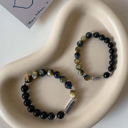 Buddha Stones Natural Black Obsidian Tiger's Eye Six True Words 'om Mani Padme Hum' Strength Love Bracelet Bracelet BS Black Obsidian Tiger's Eye 10mm Beads(Wrist Circumference: 17-18cm)