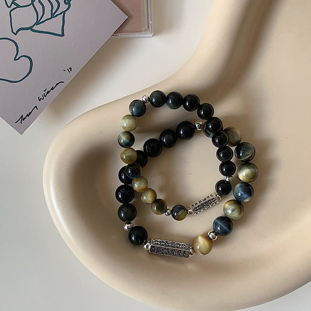 Buddha Stones Natural Black Obsidian Tiger's Eye Six True Words 'om Mani Padme Hum' Strength Love Bracelet Bracelet BS 1