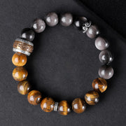 Buddha Stones Natural Silver Sheen Obsidian Tiger's Eye Six True Words 'om Mani Padme Hum'  Strength Bracelet Bracelet BS Silver Sheen Obsidian Tiger Eye Tightening Spell(Wrist Circumference: 16-17cm)