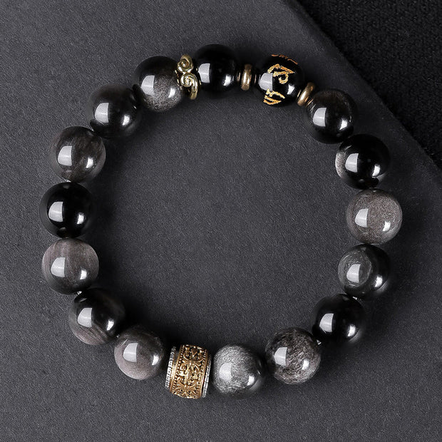 FREE Today: Soothing and Protection Natural Silver Sheen Obsidian Tiger's Eye Six True Words 'Om Mani Padme Hum' Bracelet