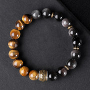 Buddha Stones Natural Silver Sheen Obsidian Tiger's Eye Six True Words 'om Mani Padme Hum'  Strength Bracelet Bracelet BS Silver Sheen Obsidian Tiger Eye 'Om Mani Padme Hum' Smooth Spacer (Wrist Circumference: 16-17cm)