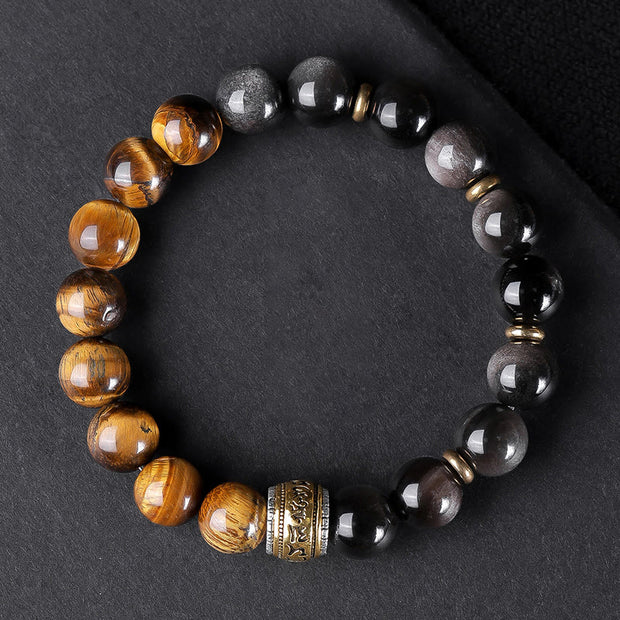 FREE Today: Soothing and Protection Natural Silver Sheen Obsidian Tiger's Eye Six True Words 'Om Mani Padme Hum' Bracelet