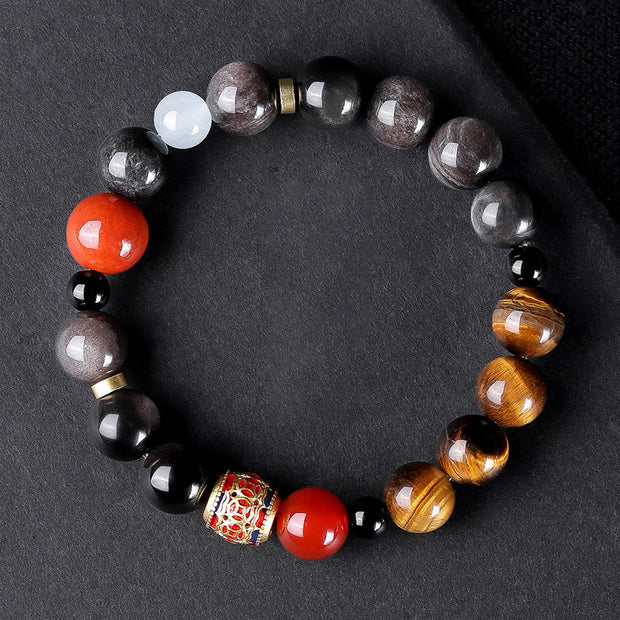 Buddha Stones Natural Silver Sheen Obsidian Tiger's Eye Six True Words 'om Mani Padme Hum'  Strength Bracelet Bracelet BS Silver Sheen Obsidian Tiger Eye Ingot Wine Barrel Bead(Wrist Circumference: 16-17cm)