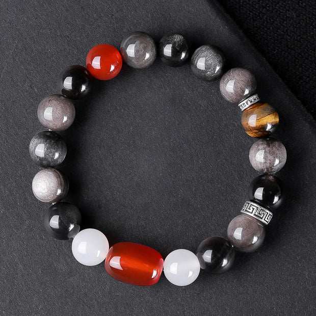 FREE Today: Soothing and Protection Natural Silver Sheen Obsidian Tiger's Eye Six True Words 'Om Mani Padme Hum' Bracelet