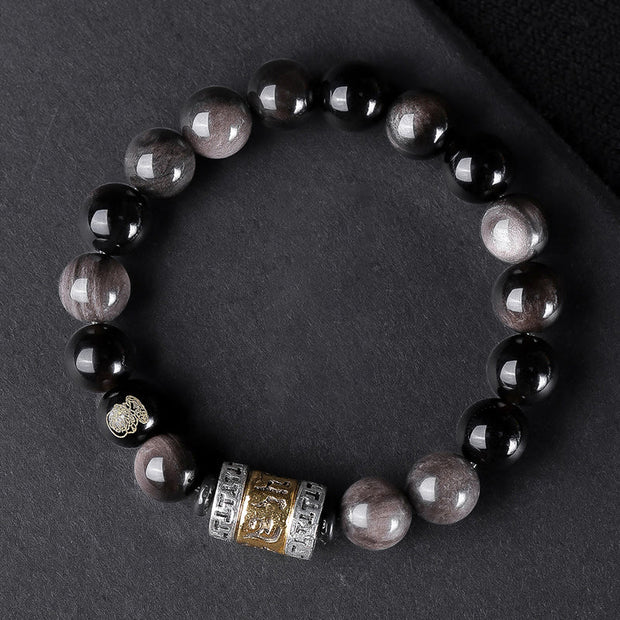 Buddha Stones Natural Silver Sheen Obsidian Tiger's Eye Six True Words 'om Mani Padme Hum'  Strength Bracelet Bracelet BS Silver Sheen Obsidian 'Om Mani Padme Hum' Barrel Bead(Wrist Circumference: 16-17cm)