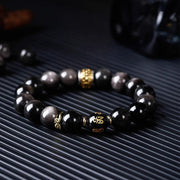 FREE Today: Soothing and Protection Natural Silver Sheen Obsidian Tiger's Eye Six True Words 'Om Mani Padme Hum' Bracelet