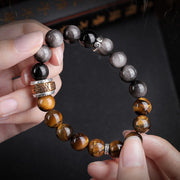 Buddha Stones Natural Silver Sheen Obsidian Tiger's Eye Six True Words 'om Mani Padme Hum'  Strength Bracelet Bracelet BS 2