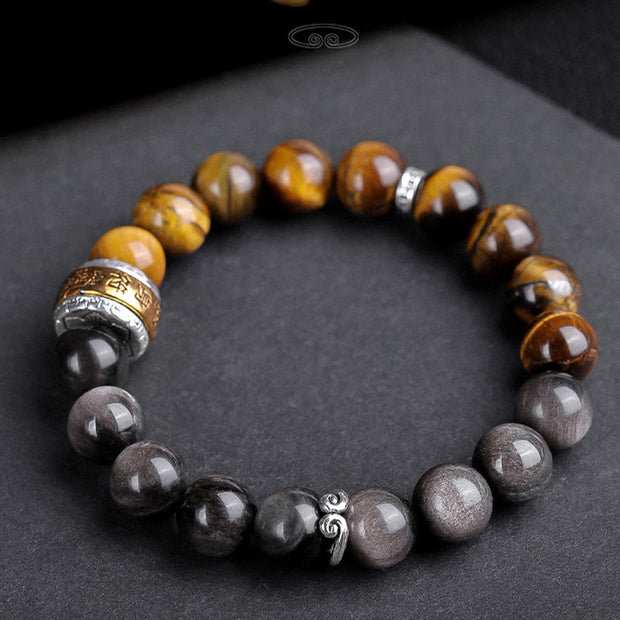 FREE Today: Soothing and Protection Natural Silver Sheen Obsidian Tiger's Eye Six True Words 'Om Mani Padme Hum' Bracelet