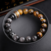 Buddha Stones Natural Silver Sheen Obsidian Tiger's Eye Six True Words 'om Mani Padme Hum'  Strength Bracelet Bracelet BS 9