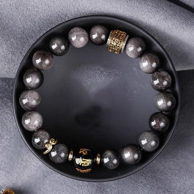 FREE Today: Soothing and Protection Natural Silver Sheen Obsidian Tiger's Eye Six True Words 'Om Mani Padme Hum' Bracelet